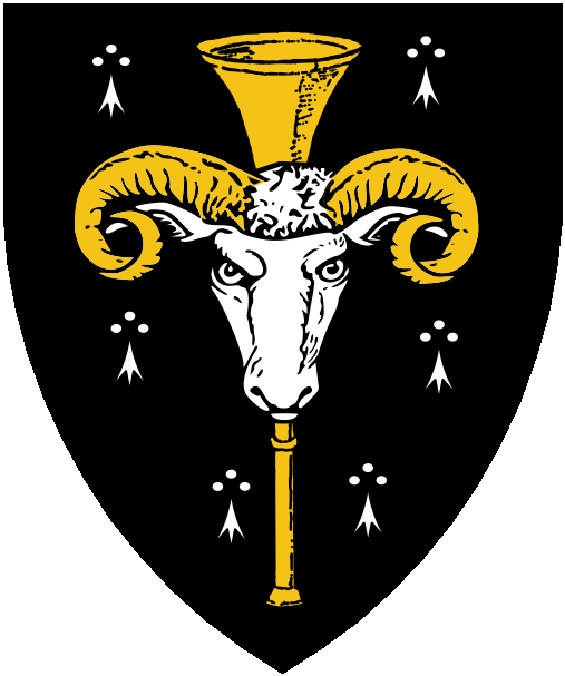 [Counter-ermine, a straight trumpet Or surmounted by a ram's head cabossed argent armed Or. ]