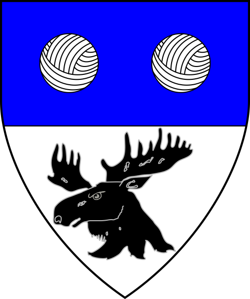 [Per fess azure and argent, two clews of yarn argent and a moose's head erased sable]