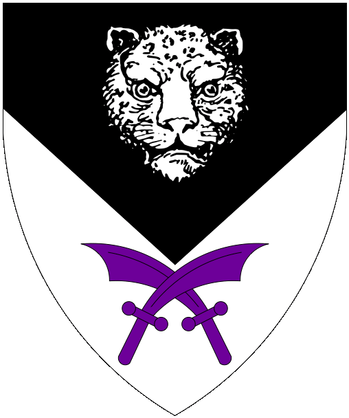 [Per chevron inverted sable and argent, a natural leopard's head cabossed argent and two scimitars in saltire purpure.]