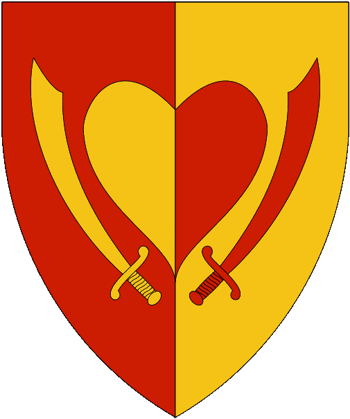 [Per pale gules and Or, a heart between two scimitars addorsed, all counterchanged]