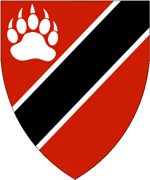 [Gules, a bend sinister sable fimbriated, in chief a bear's paw print argent. ]