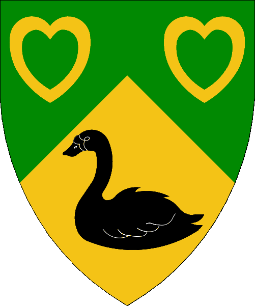 [Per chevron vert and Or, two voided hearts Or and a swan naiant sable	  ]