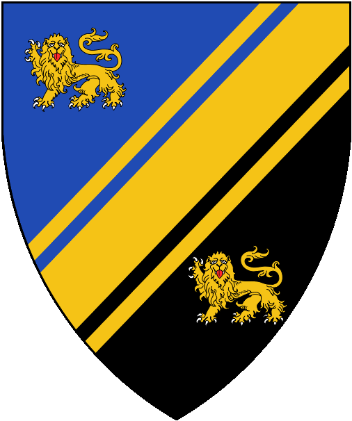 [Per bend sinister azure and sable, a bend sinister cotised between two lions passant guardant Or]