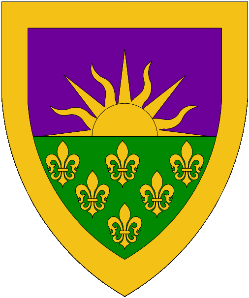 [Per fess purpure and vert, a demi-sun issuant from the line of division and six fleurs-de-lys, a bordure Or.]