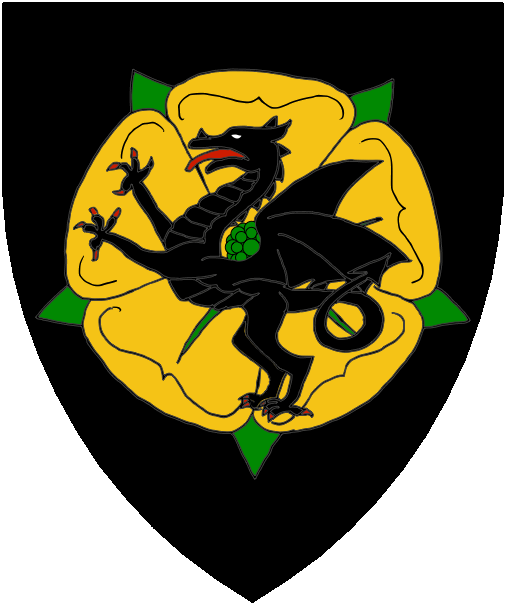 [Sable, on a rose Or seeded and barbed vert, a dragon salient sable]