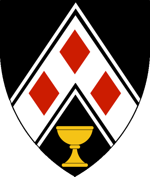 [Sable, on a chevron cotised argent three lozenges palewise gules, in base a goblet Or.]