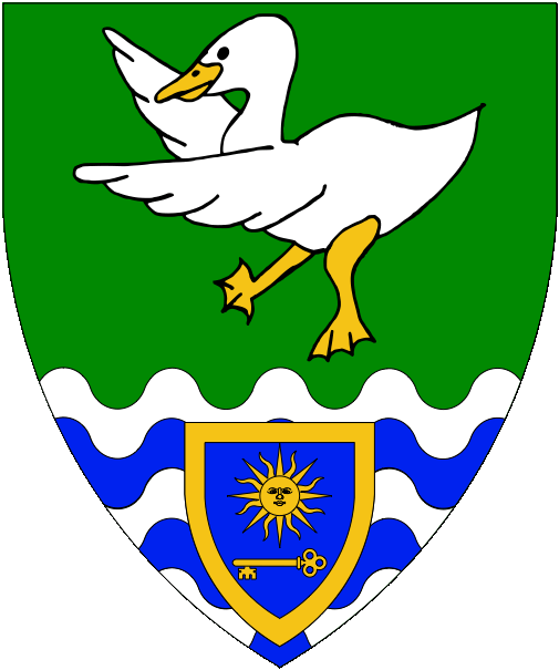 [Vert, a duck rampant argent, billed and membered Or, above a ford proper and on an escutcheon azure, in pale a sun and a key fesswise within a bordure Or	  ]