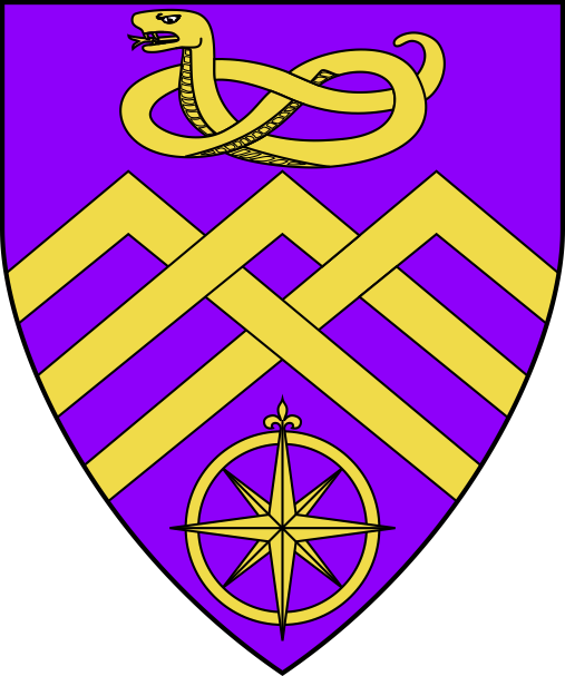 [Purpure, three chevronels braced between a serpent nowed and a compass rose Or]