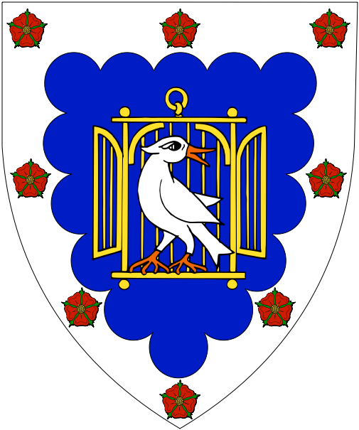 [Azure, within an open birdcage Or a dove reguardant argent, a bordure engrailed argent, semy of roses proper	  ]