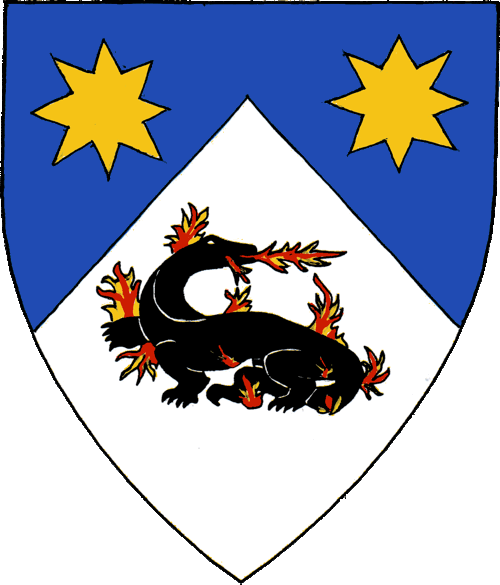 [Per chevron azure and argent, two mullets of eight points Or and a salamander passant regardant sable enflamed proper.]