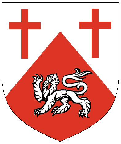 [Per chevron argent and gules, two Latin crosses and a lion passant guardant counterchanged.	  ]