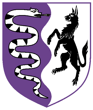 [Per pale wavy purpure and argent, a serpant, glissant palewise and sinister facing, argent and a wolf rampant sable	  ]