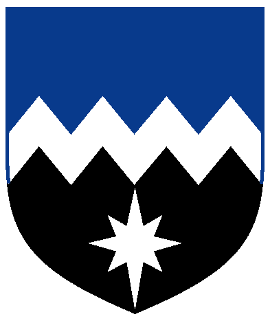 [Per fess indented azure and sable, a fess dancetty and in base a compass-star argent	  ]