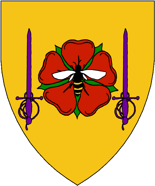 [Or, on a rose proper between in fess two rapiers purpure a bee proper.]