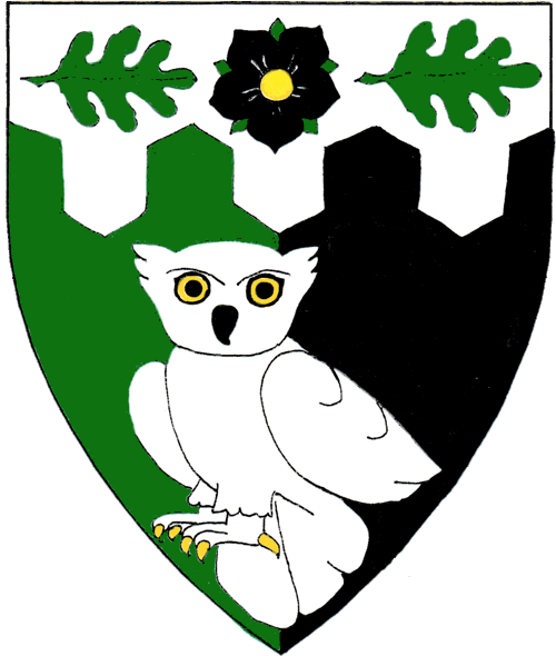 [Per pale vert and sable, an owl and on a chief urdy argent a rose sable between two oak leaves reversed vert.]