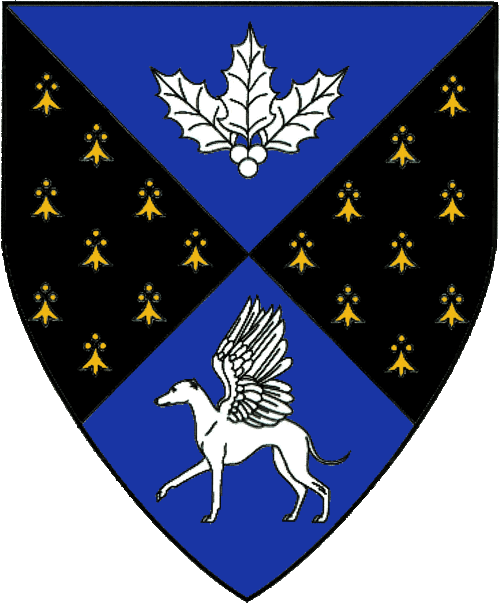 [Per saltire azure and pean, in pale three holly leaves conjoined in pile fructed and a winged greyhound passant argent.]