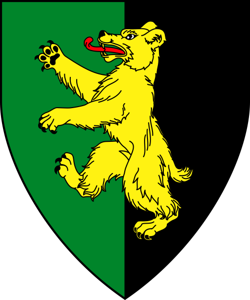 [Per pale vert and sable, a bear rampant Or]