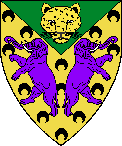[Or semy of crescents pendant sable, two elephants rampant addorsed purpure and on a chief triangular vert a leopard's face Or]
