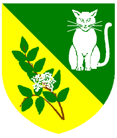 [Per bend vert and Or, a domestic cat sejant affronty argent and a rowan sprig and blossom proper	  ]