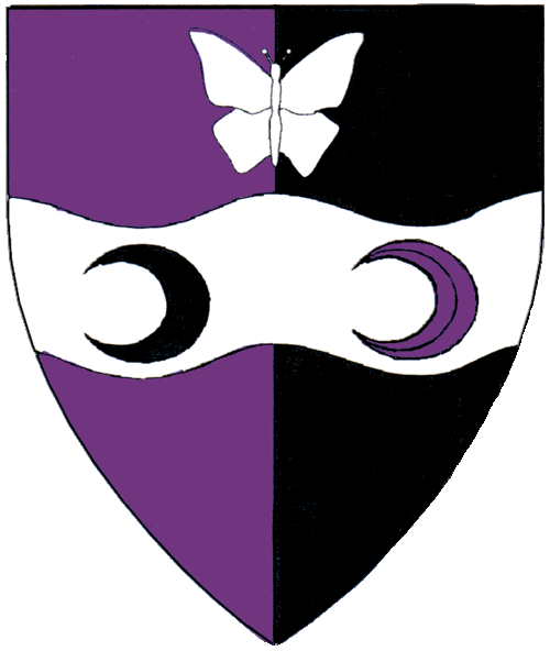 [Per pale purpure and sable, on a fess wavy argent two increscents sable and purpure, in chief a butterfly argent.]