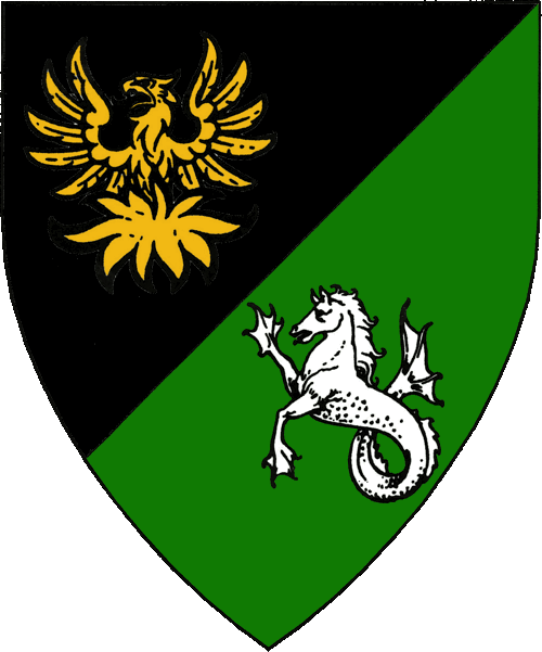 [Per bend sinister sable and vert, a phoenix Or and a seahorse argent.]