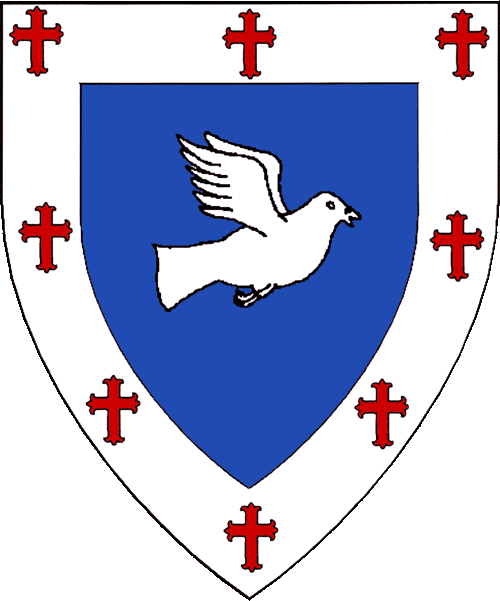 [Azure, a dove volant to sinister wings addorsed argent, a bordure argent crusilly Latin flory gules.]