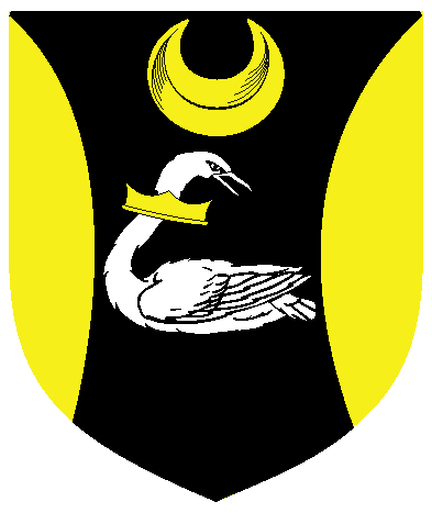 [Sable, a swan naiant reguardant argent, gorged of a coronet, between two flaunches and in chief a crescent Or	  ]