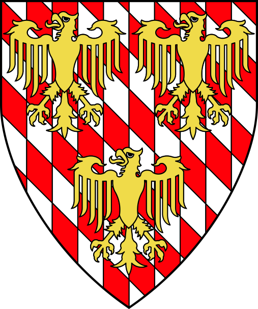 [Paly bendy gules and argent, three eagles Or]