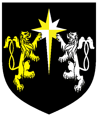 [Sable, a compass star elongated to base quarterly Or and argent supported by two lions queue forchy combatant, that to dexter Or and that to sinister argent	  ]