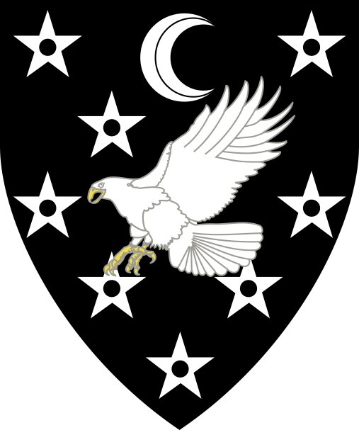 [Sable, mullety pierced, an eagle striking argent, wings elevated and addorsed, armed Or, in chief a decrescent argent]