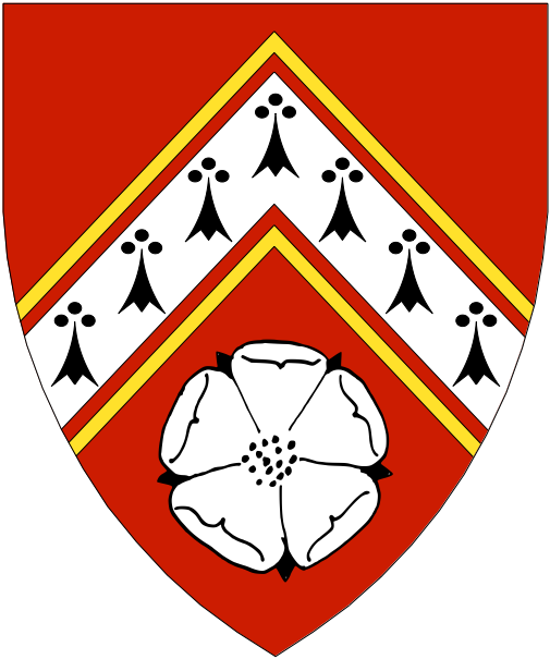 [	  Gules, a chevron ermine cotised Or and in base a rose argent, barbed and seeded sable.]