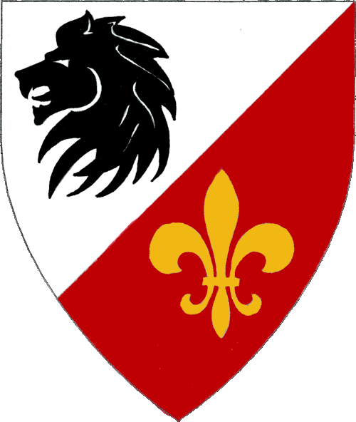 [Per bend sinister argent and gules, a lion's head erased sable and a fleur-de-lys Or.]