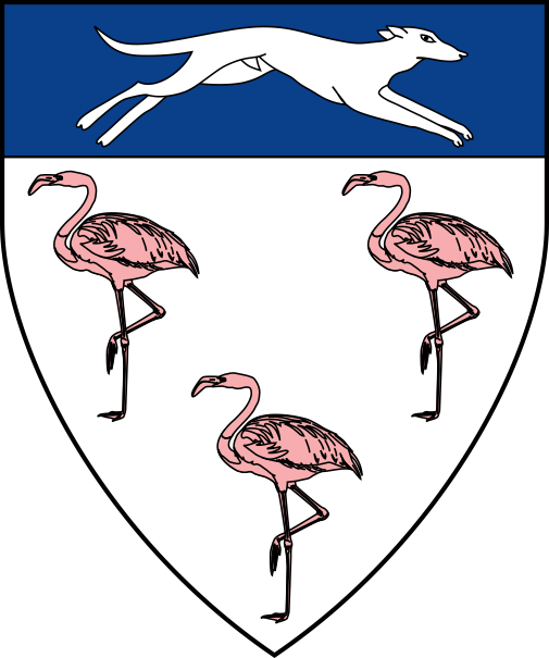 [Argent, three pink flamingos proper and on a chief azure a greyhound courant contourny argent]