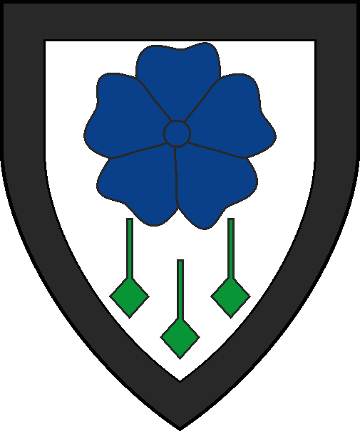 [Argent, a rose azure and in base three musical notes vert, a bordure sable]
