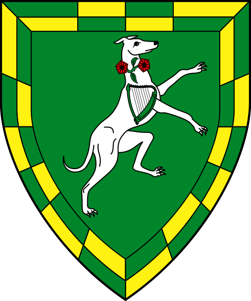 [Vert, a greyhound rampant contourny argent gorged of a chaplet of roses gules and charged on the shoulder with a harp vert, a bordure counter-compony vert and Or]