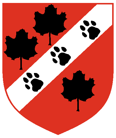 [Gules, on a bend sinister argent between three Norway Maple leaves two and one Or, three lynx's pawprints bendwise sable	  ]