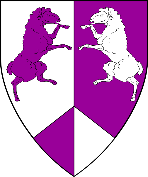 [Per pale argent and purpure, two sheep combatant and a point pointed counterchanged]