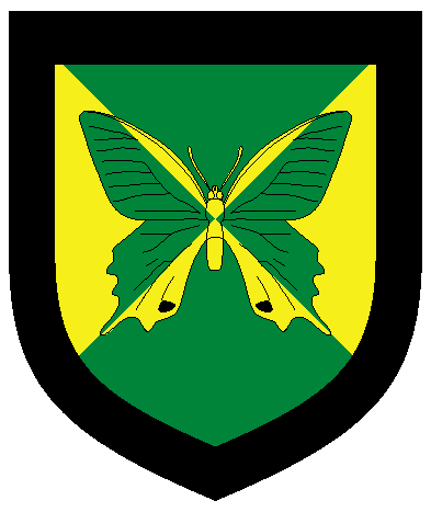 [	Per saltire vert and Or, a butterfly counterchanged within a bordure sable.  ]