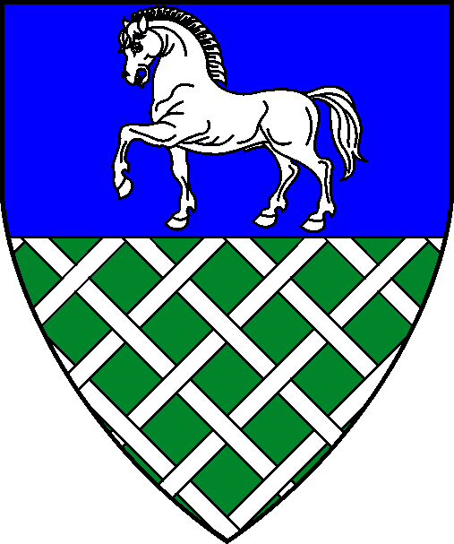 [Per fess azure and vert fretty, in chief a horse passant argent]