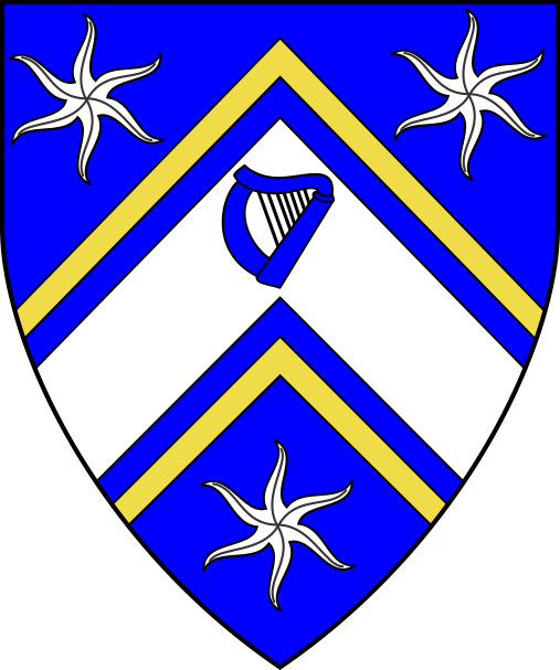 [Azure, a chevron argent cotised Or between three estoiles argent, for augmentation on the chevron a harp azure]