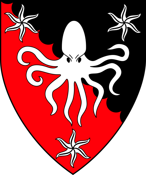 [Per bend engrailed sable and gules, a polypus between three estoiles argent]