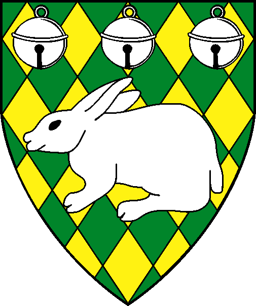 [Lozengy vert and Or, a rabbit statant and in chief three hawk's bells argent	  ]