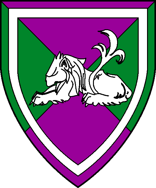 [Per saltire purpure and vert, a lion dormant within an orle argent	  ]