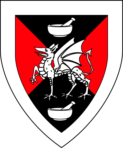 [Per saltire sable and gules, a dragon passant between in pale two mortars and pestles within a bordure, all argent	  	  ]