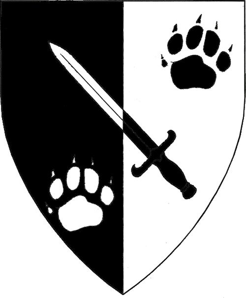 [Per pale sable and argent, a sword bendwise between two paw prints in bend sinister counterchanged.]