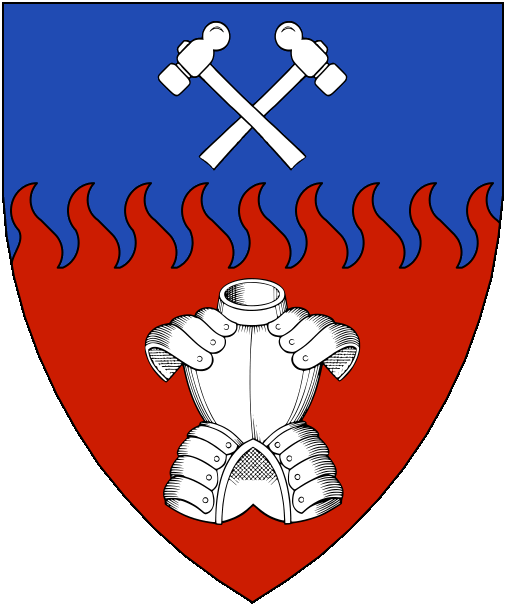 [Per fess rayonny azure and gules, two ball-peen hammers in saltire and a cuirasse argent.]