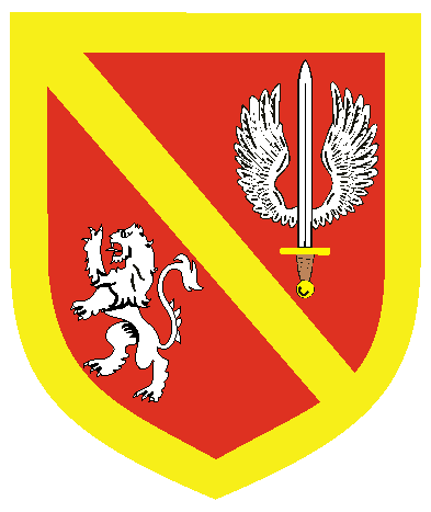 [Gules, a bend Or between a sword proper winged, wings elevated, and a lion rampant argent, all within a bordure Or	  ]