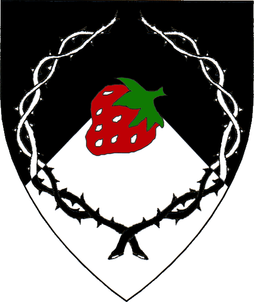 [Per chevron sable and argent, a strawberry bendwise sinister proper within a wreath of thorns counterchanged.]