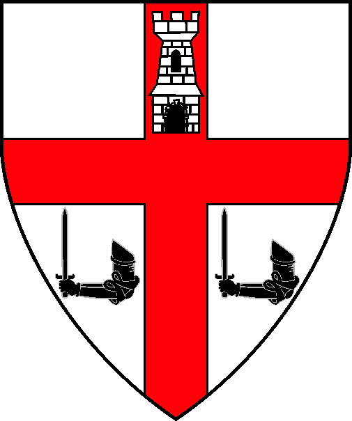 [Argent, on a cross gules between in base two armored arms fesswise embowed each maintaining a sword sable, in chief a tower argent]