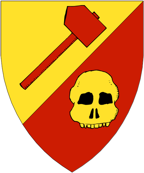 [Per bend sinister Or and gules, a cross-peen hammer bendwise sinister and a death's head counterchanged.]